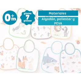 KioKids Set de 7 Baberos Impermeables de Algodón con Motivos de Animales Multicolor para Bebés +0 Meses