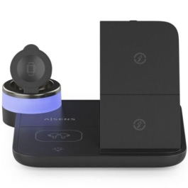 Aisens ASCH-15W4WC062-BK – Cargador inalámbrico USB-C 4 en 1 de 15W para móvil, Apple Watch y auriculares – Negro