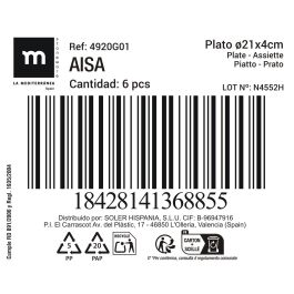 La Mediterranea Plato Hondo Aisa, 21 cm de diámetro, 4 cm de alto, 522 g, porcelana (12 Unidades)