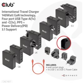 Club3D Ladegerät 3xUSB Typ C. 1xUSB Typ A. PD 140W. GaN retail