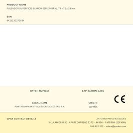 Solera Pulsador Superficie Blanco Serie Mural 10A 250V~ Embornamiento Tornillo Polipropileno 74x72x28 mm