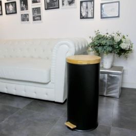 Kitchen Move Papelera de Cocina con Pedal Forest 30L Negro Mate - Acero Inoxidable y Madera, Anti-Huella Digital, Asa Robusta