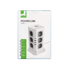 Q-connect Regleta Múltiple 16 en 1 con 12 Tomas de Corriente, 3 USB y 1 USB-C, Cable 2m, 120x120x210mm