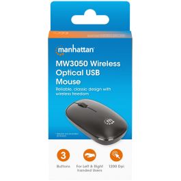 Manhattan MW3050 Ratón inalámbrico USB 3 botones, rueda de desplazamiento, óptico, 1200 DPI, ambidiestro, negro