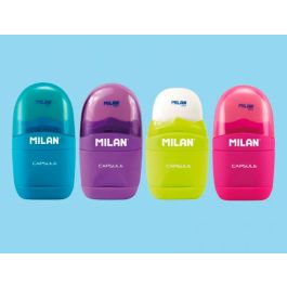 Sacapuntas Milan Capsule Plastico 1 Uso Con Goma + 2 Recambios De Goma En Blister