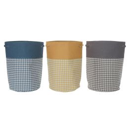 DKD Home Decor Cesta de Ropa de Poliéster Colección Básicos Pata de Gallo Colores Surtidos Gris, Amarillo y Azul 40x40x60 cm Pack 3 Unidades Lavado en Seco