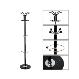 Q-connect Perchero Metálico de Pie Negro con Paraguero 10 Colgadores y Ganchos Portabolso 174x40 cm