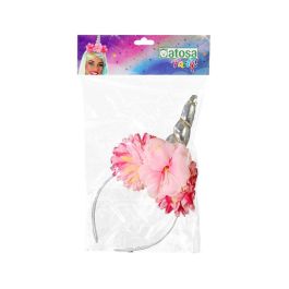 Diadema Carnaval Unicornio Mujer Adulto con Cuerno Plateado y Flores Rosadas