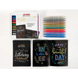 Alpino AR010701 Set Metallic Lettering con 12 Rotuladores Metálicos Doble Punta, Papel Negro y Guía