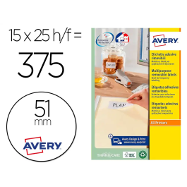 Avery Etiquetas Adhesivas Redondas Removibles Blancas 51 mm para Láser, Ink-jet y Fotocopiadora - Caja de 375 Unidades Precio: 17.5000001. SKU: B1GA5PCVD5