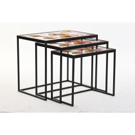 DKD Home Decor Mesita Auxiliar Tropical Amarillo Negro Metal Cristal Hojas 40x50x60 cm Set 3