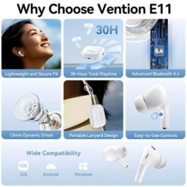 Vention E11 Auriculares Inalámbricos Bluetooth 5.4 Echo Lite con Estuche de Carga USB-C, 30h de Batería Total, IPX4, Blancos