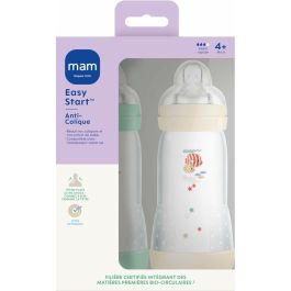 MAM 9001616836411 Juego de 2 Biberones Easy Start Anticólico Clásico 320ml, con Tetinas Caudal 3, Menta y Algodón