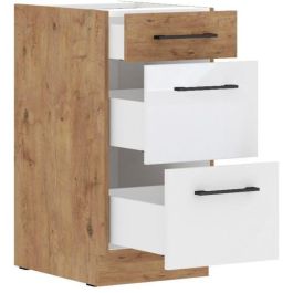 ROCK - Mueble bajo - Melamina roble Lancelot y blanco brillo - 40 cm - 3 cajones - Encimera no incluida ROCK - Mueble bajo - Melamina roble Lancelot y blanco brillo - 40 cm - 3 cajones - Encimera no incluida