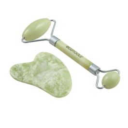 Ecotools Set Cosmética Facial Jade 2 Piezas: Rodillo y Guasha Jade. Masaje Detox, Purificante, Anti-Hinchazón, Cruelty Free, Vegano