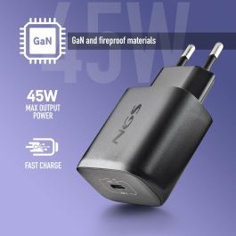 NGS BUD45W-C Cargador de Pared GaN Ultrarrápido 45W con 1xUSB Tipo-C y Cable USB-C a USB-C 1.5m PD3.0