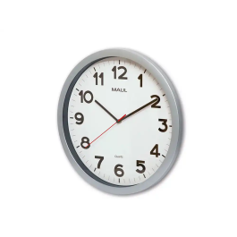 Maul Reloj de Pared Redondo Eléctrico 40 cm Diámetro, Marco Plástico Irrompible, Cristal Mineral, Números Arábigos Negros, Color Plata
