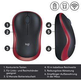 Logitech M185 Ratón Inalámbrico RF Plug-and-Play Rojo con Nano Receptor USB, Ergonómico, Fiable, Batería 1 Año