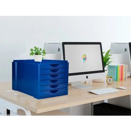 Q-connect Fichero Cajones Sobremesa 6 Cajones Organizador Azul Opaco para DIN A4 Folio Subcarpetas