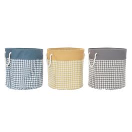 DKD Home Decor Cesta Ropa Basicos Poliester Patrón Pata de gallo Gris Amarillo 45x45x45 cm - Pack de 3 Unidades