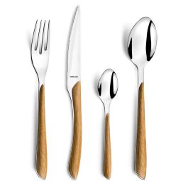Amefa Set de 24 Cubiertos de Mesa con Mango de Madera Eclat, Metal Texturizado, Higiénico y Duradero, Apto Lavavajillas. Tamaño 14-8-25 cm