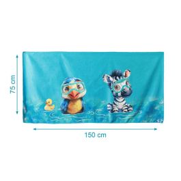 KioKids Toalla de Playa y Piscina Microfibra Azul con Animales Safari Fun 75x150cm. Suave, Absorbente y Secado Rápido, incluye bolsa.
