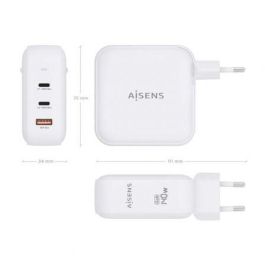 Aisens ASCH-140W3P030-W Cargador de Pared GaN 140W con 2 USB-C PD3.1 y 1 USB-A, Carga Rápida para Portátiles Móviles, Blanco