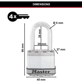 Master Lock Candado M1EURDLF de Acero - 50 mm - Arco Octogonal de 8 mm - Alta Seguridad para Exteriores