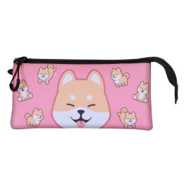Oh My Pop Estuche Portatodo Triple Shiba Rosa con 3 Compartimentos, Material Ripstop Repelente a Líquidos, ideal para Lápices