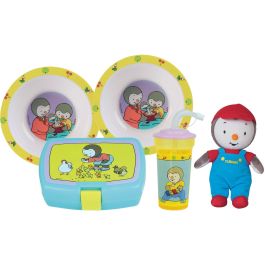 Fun House FUN3524550064833 Vajilla T'CHOUPI con 2 platos hondos Ø 16 cm, caja de aperitivos, botella con pajita y peluche de 18 cm
