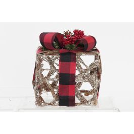 DKD Home Decor Árbol de Navidad Rojo Natural 25x30x25 cm Set de 3 Ratán LED Purpurina Regalo Navidad