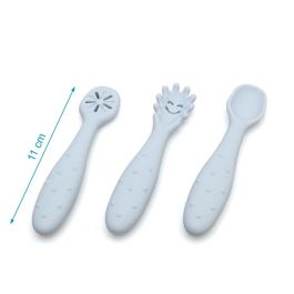 KioKids Lovely Friends Set de 3 Cubiertos de Silicona para Bebé Azul (+6 Meses) - Cuchara, Pre-cuchara, Pre-tenedor para Alimentación y Dentición