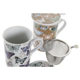 DKD Home Decor Mug para Infusiones Shabby de Porcelana y Acero Inoxidable Multicolor Lila con Mariposas 280ml Apto Microondas y Lavavajillas 11 x 8.5 x 11 cm