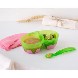 Cuenco Doble Antideslizante Con Tapa Y Cuchara En Rosa Y Verde Precio: 2.50000036. SKU: B1AQHCYF9S