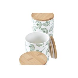 DKD Home Decor Bote Tropical Set de 3 Gres Bambu Verde Blanco Natural 10 x 17 x 10 cm