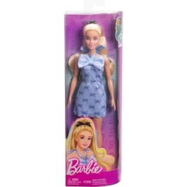 Barbie Hyt93 Muñeca Fashionista Colección Original con Vestido Lazo Azul, Coleta Rubia y Accesorios (Lazo Negro, Tacones Azules)