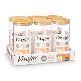 Vivalto Tarro Redondo de Borosilicato Transparente con Tapa de Bambú 1,4 L - Apto Horno y Microondas 10x20x10 cm (12 Unidades)