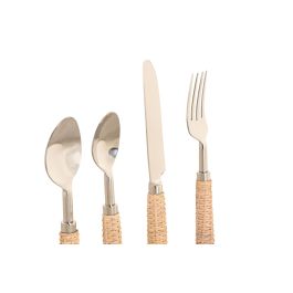 DKD Home Decor Cubertería Tropical de Acero Inoxidable y Ratán, Juego de Cubiertos Natural y Plateado, Set de 16 Piezas para Comedor o Mesa