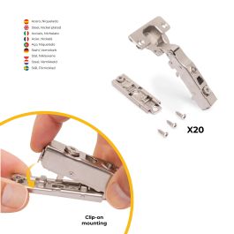 Emuca Lote de 20 bisagras rectas X91 con cierre suave y suplemento recto para atornillar, Altura 1, Acero, Niquelado
