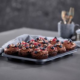 Day Molde para 12 Magdalenas 35x26,5 cm, Altura 3 cm, con Recubrimiento Antiadherente Goldflon, Acero Carbónico, Gris, Apto hasta 230ºC