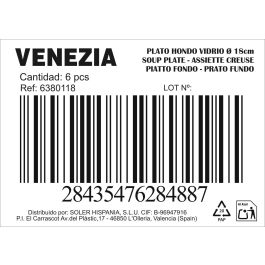 Plato Hondo Vidrio Ø 18 cm Venezia - Inde (6 Unidades) Plato Hondo Vidrio Ø 18 cm Venezia - Inde (6 Unidades)