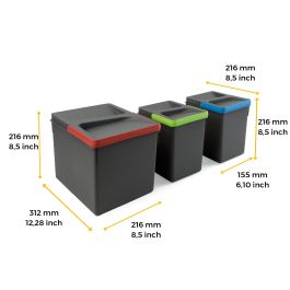 Emuca Kit de contenedores de reciclaje para cajón de cocina Recycle altura 216mm, 1x12litros, 2x6litros, Plástico gris antracita