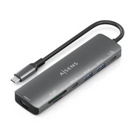 AISENS ASUC-7P026-GR Dock USB-C 7 en 1 Replicador de Puertos para Portátil, HDMI 4K@30Hz, USB-A, USB-C PD 100W, Lector SD/MicroSD Gris