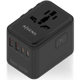 AISENS - ADAPTADOR ENCHUFE UNIVERSAL PARA VIAJE EU/USA/UK/AU CON CARGADOR USB GaN, 2xUSB-A QC3.0, 2xUSB-C PD3.0 25W, NEGRO Precio: 14.49999991. SKU: B1CXATJKDR
