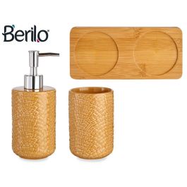 Berilo Set Baño Cerámica 2 Piezas Camel Cuadrado con Bandeja, Gres, Plástico ABS/PP, Bambú, 9x18.5x20 cm (Set de 6)