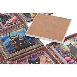 DKD Home Decor Posavasos Shabby de Dolomita y Corcho Negro Multicolor con Gato Negro 11 x 0.5 x 11 cm (72 Unidades)
