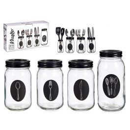 Set 4 Cuberteros Vidrio con Tapa Metal Vivalto - 9x9x17 cm, Transparente y Negro (6 Unidades) Precio: 48.68999949. SKU: S3608362