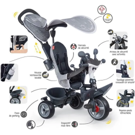 Smoby Triciclo Baby Driver Plus Gris - Bicicleta Evolutiva Infantil desde 10 Meses con Ruedas Silenciosas y Freno de Estacionamiento