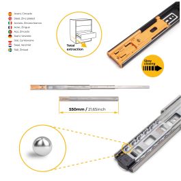Emuca Juego de guías de bolas para cajones con extracción total y cierre suave, altura 45mm, longitud 550mm, Acero, Cincado