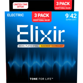 Elixir Pack 3 Cuerdas Guitarra Eléctrica Nanoweb Nickel Plated Steel Super Light 9-42